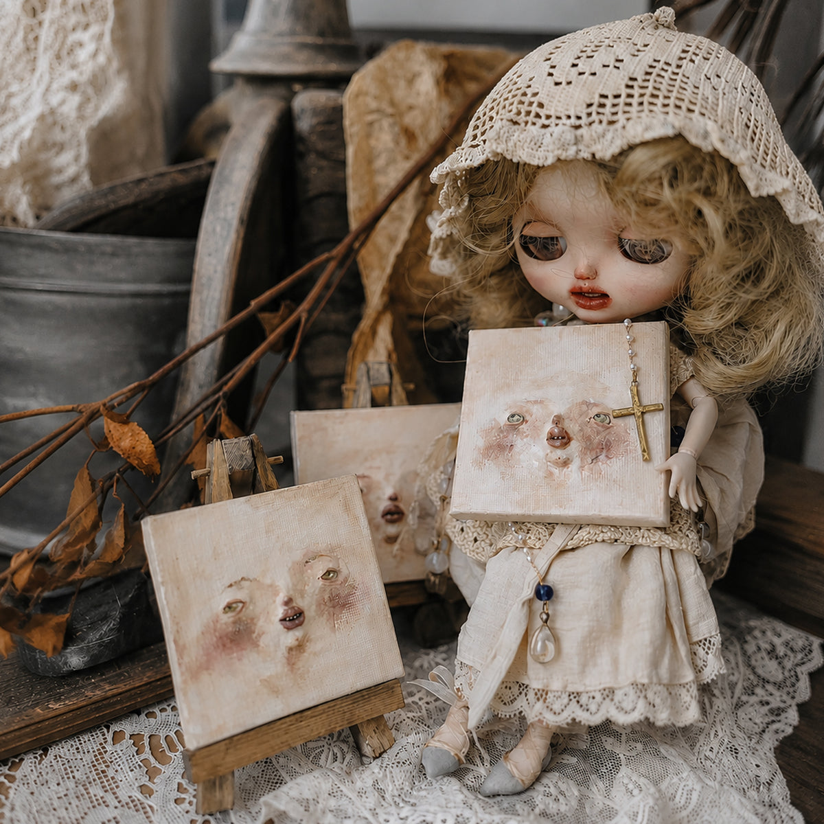 An art doll holding a miniature Lambwick clay-relief portrait beside another face artwork.