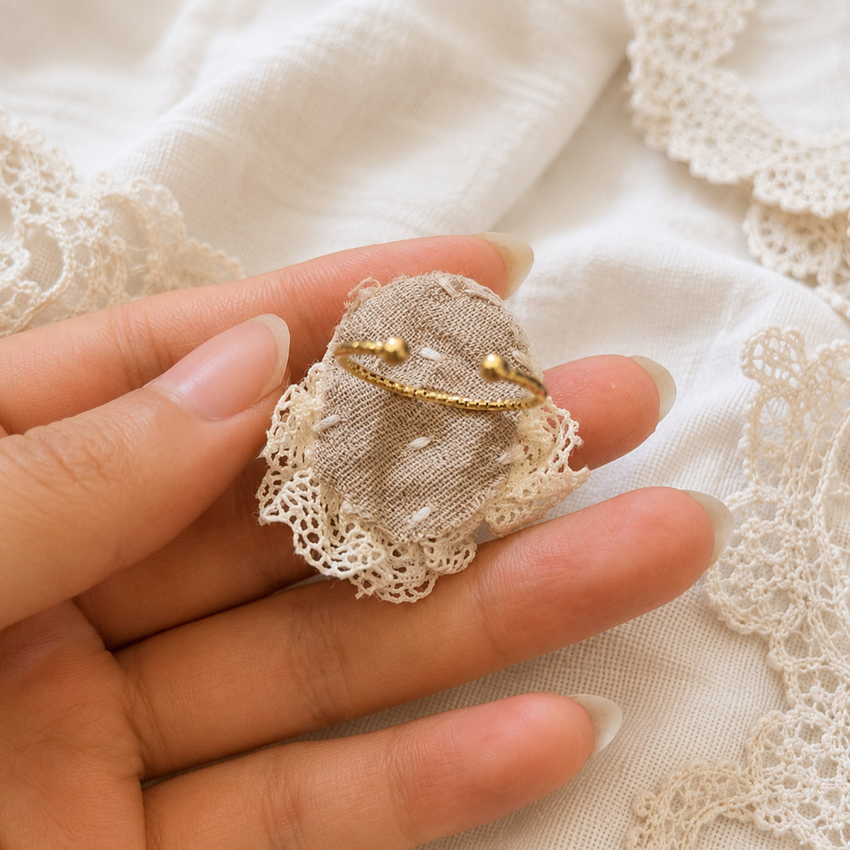 Back of a Lambwick doll ring showing the gold-tone adjustable band, fabric backing and lace edge.