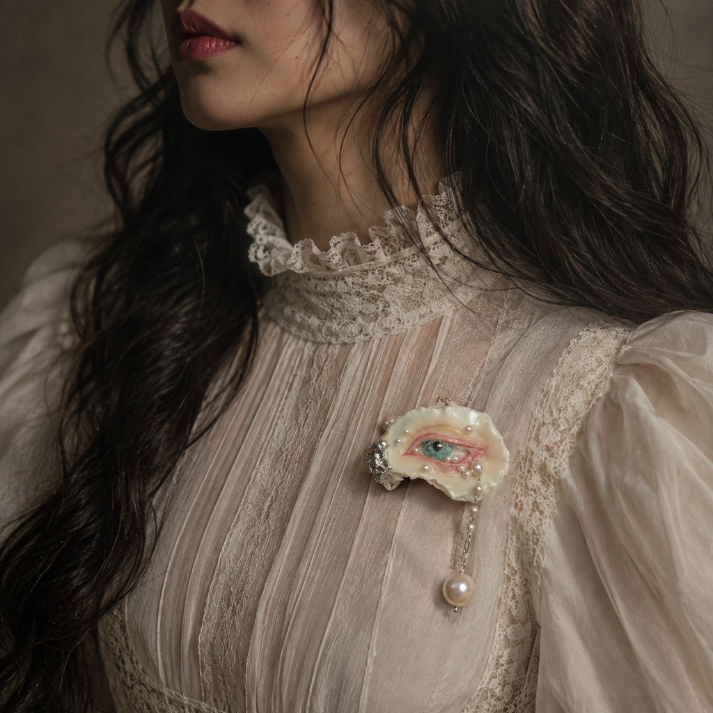 Nyra Seafoam Gaze shell-eye brooch pinned to an ivory blouse, with a dangling pearl-like drop.