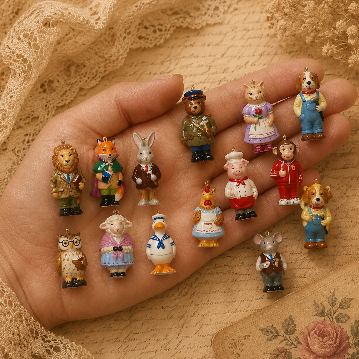 Sixteen small Animal Forest character charms resting across a hand to show their scale.
