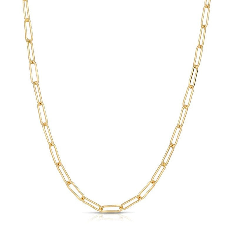 Gold-tone elongated-link necklace chain shown against a plain background.