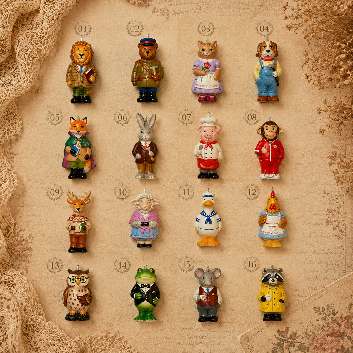 Numbered comparison chart of the Animal Forest character charm designs.