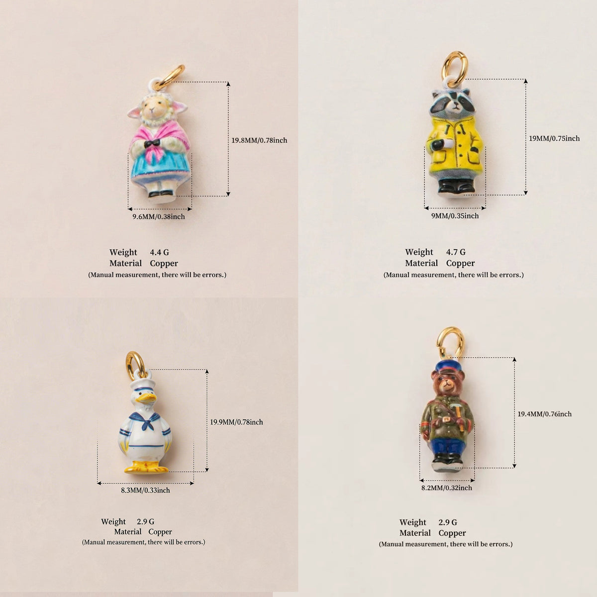 Size and weight reference showing four additional Animal Forest character charms.