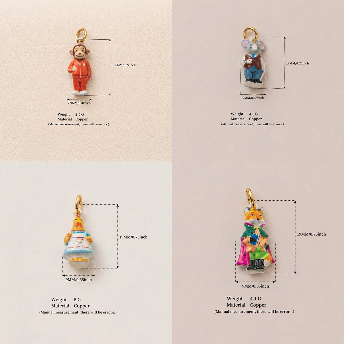 Measurement reference for four colorful Animal Forest character charms.