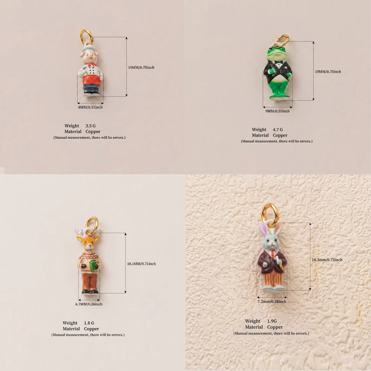 Measurement reference for four more Animal Forest pendant designs.