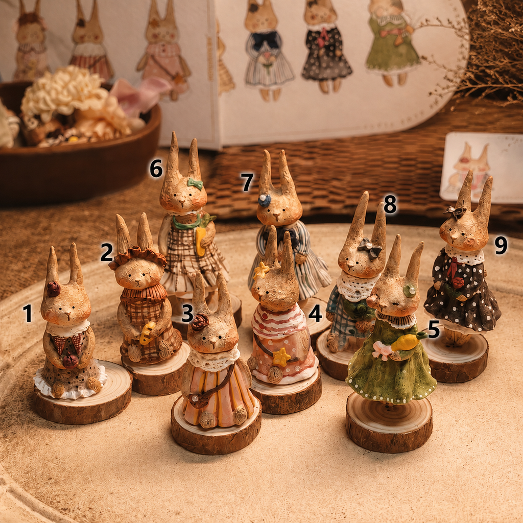 Numbered group of nine Willowwick Family rabbit dolls in different outfits on wooden bases.