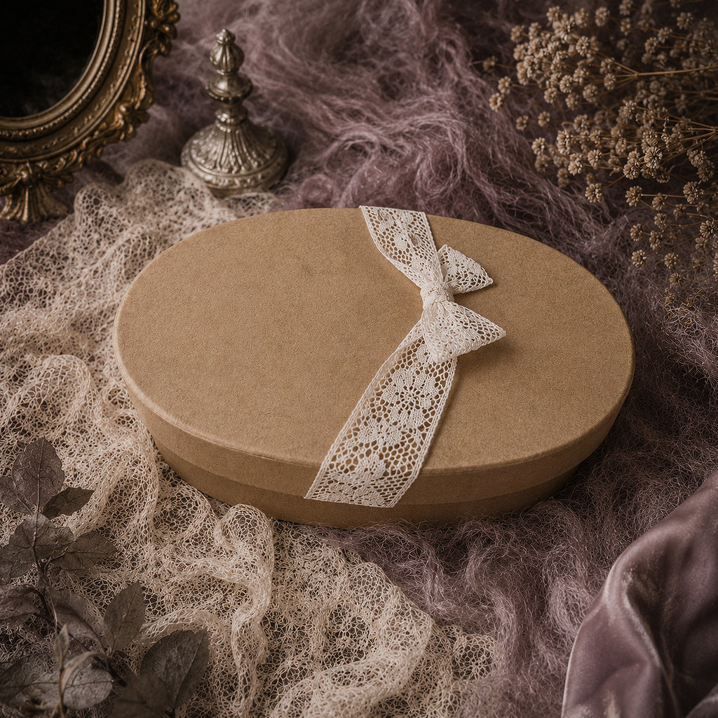 Oval kraft presentation box wrapped with cream lace.