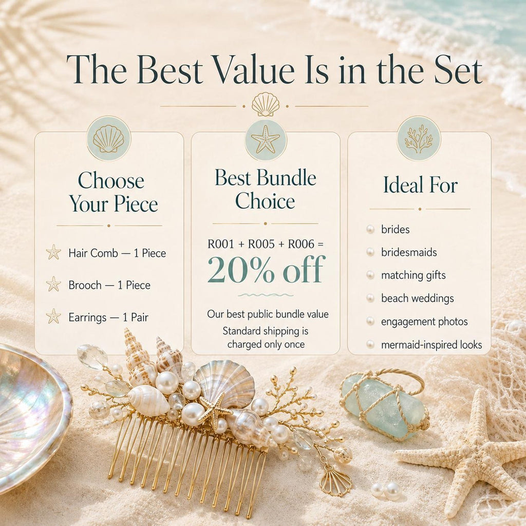 Comparison card showing hair-comb, brooch and earring options for a matching conch-shell jewelry set.