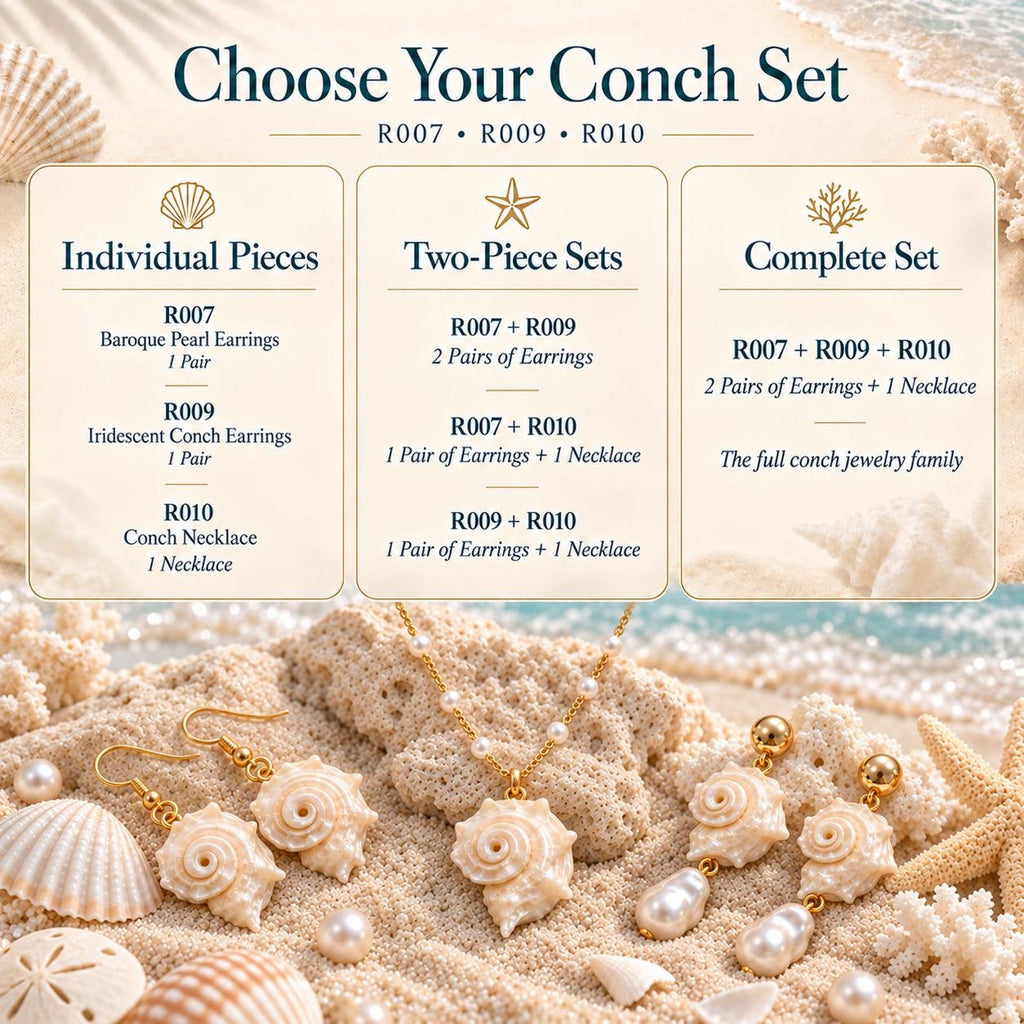 Comparison card showing individual pieces and two-piece or complete conch-shell jewelry sets.