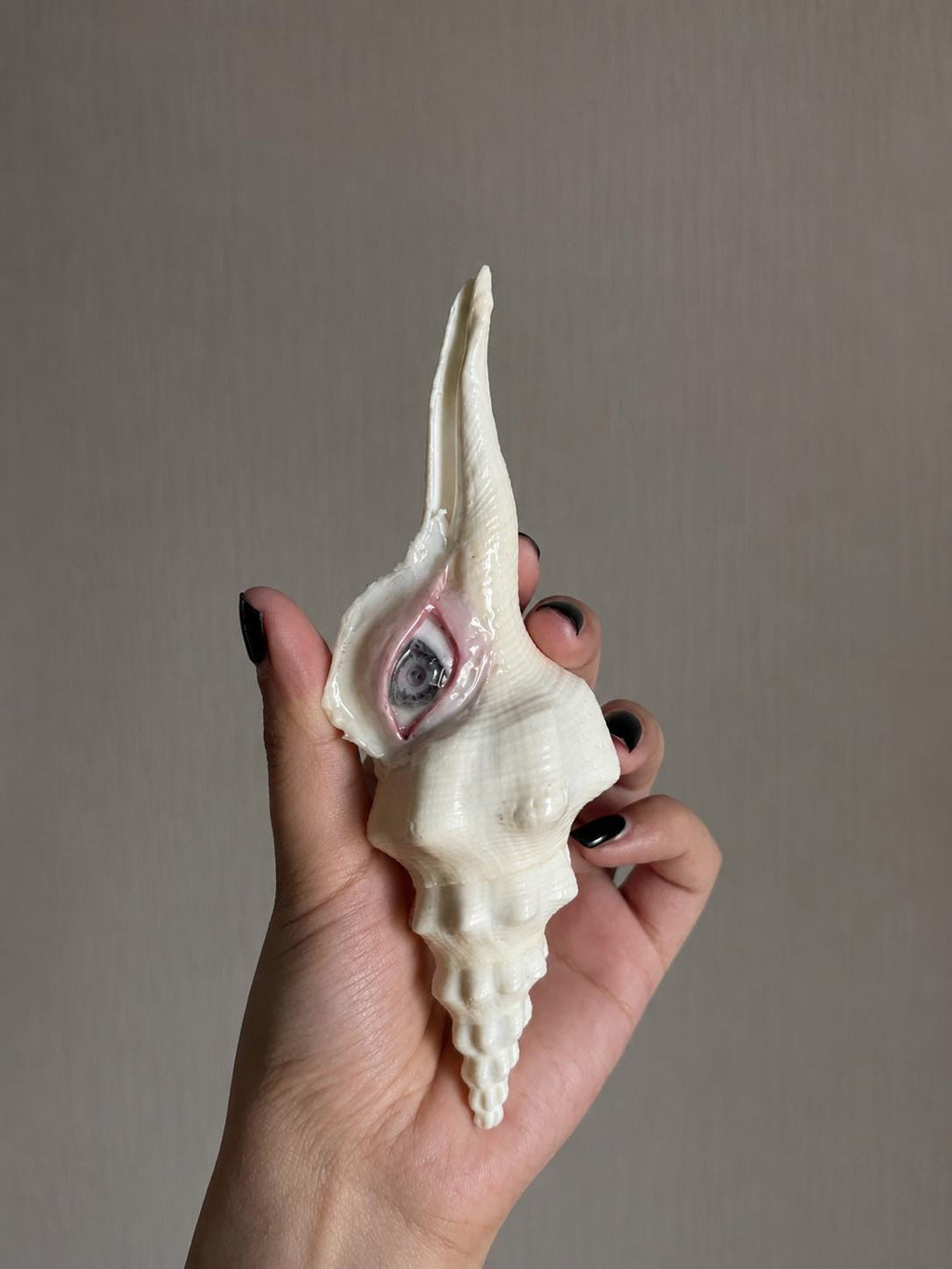 Elongated conch-eye ornament held in a hand, showing its pointed shell and sculpted eye.