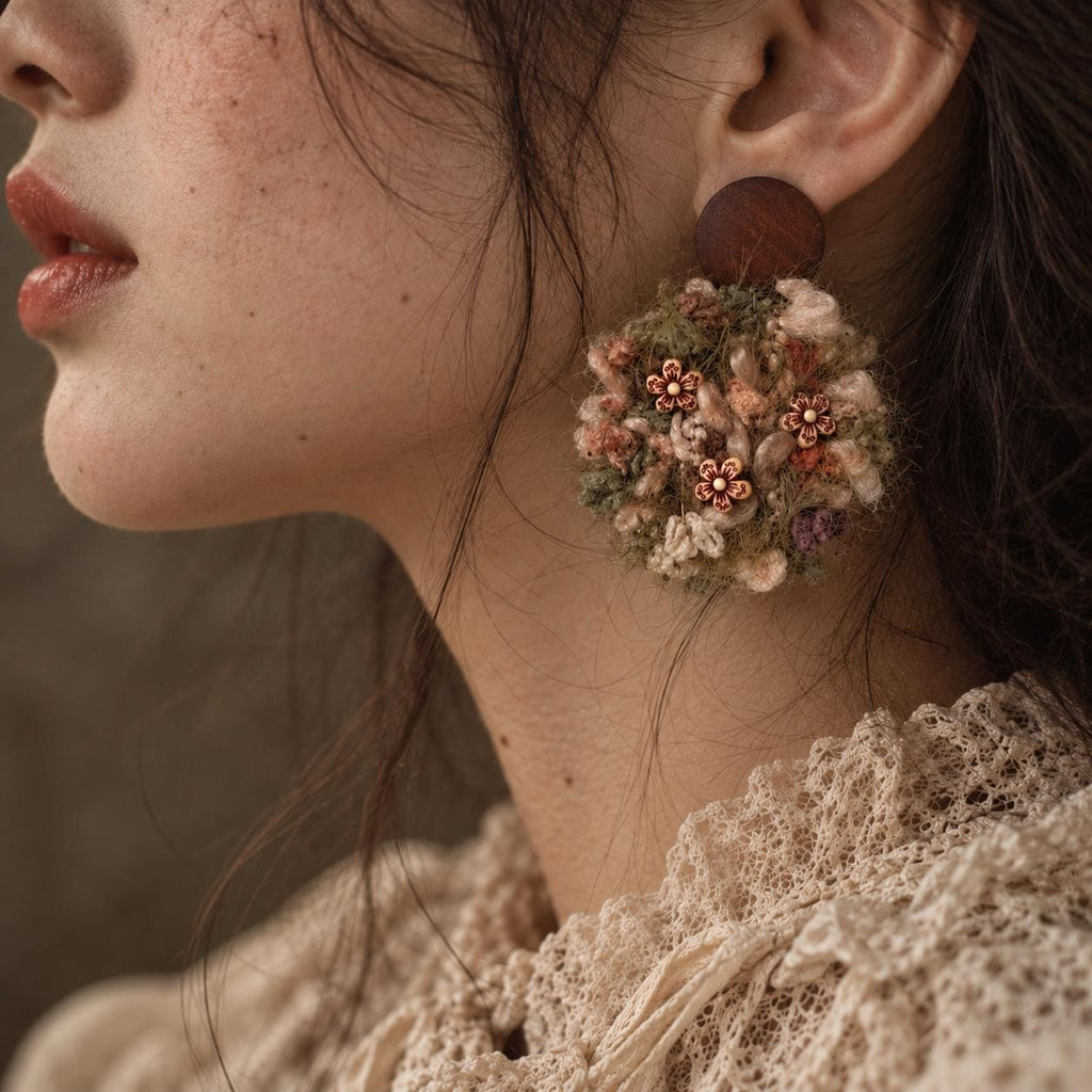 Yarn floral earring with cream and green yarn and small apricot flowers, worn on an ear.