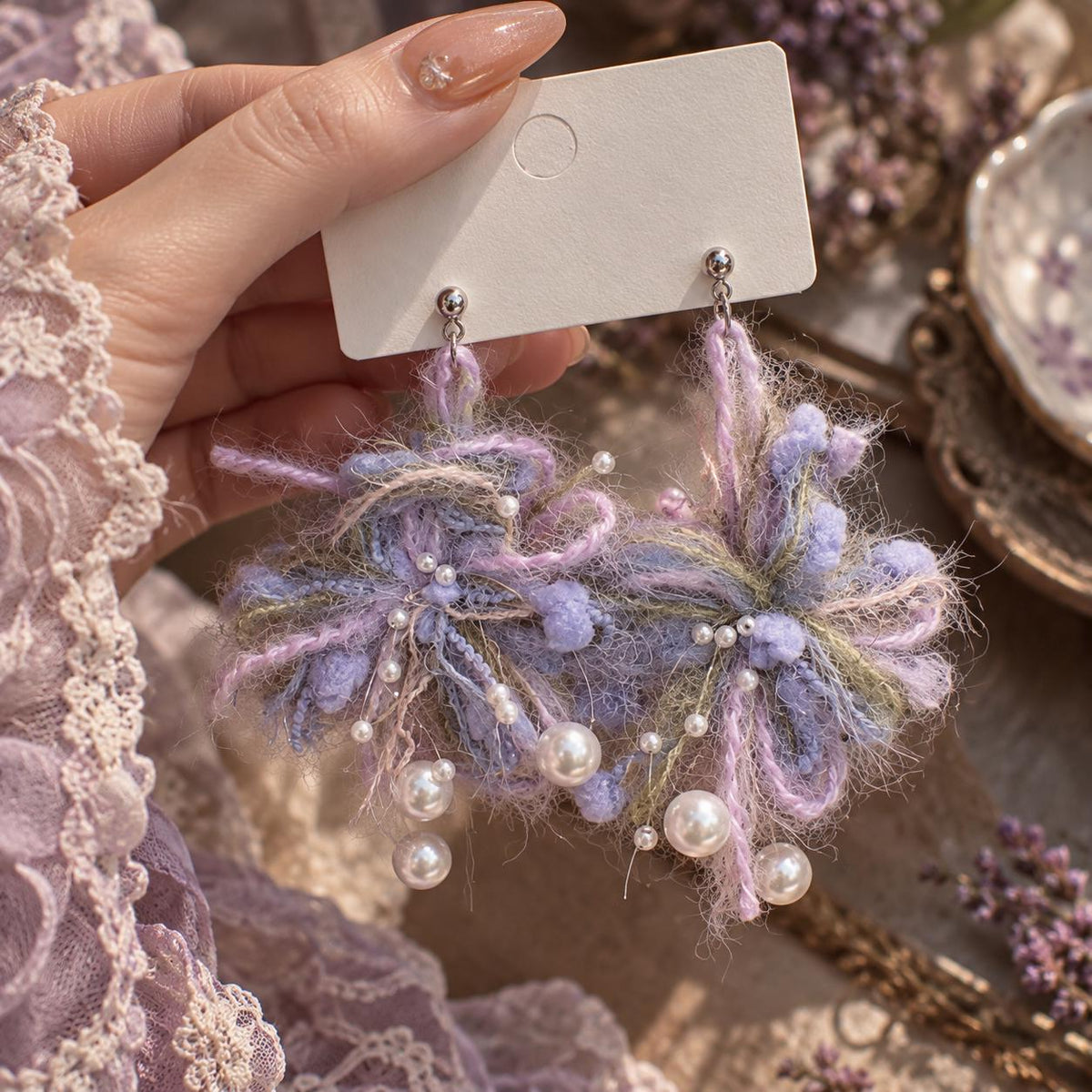 Pair of lavender yarn-flower earrings with pearl-like drops held on a card.