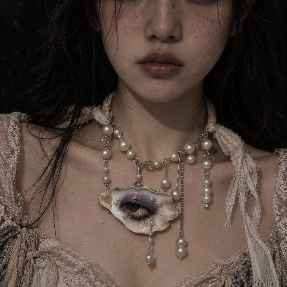 Vespera faux pearl-accented chain necklace worn with ivory styling