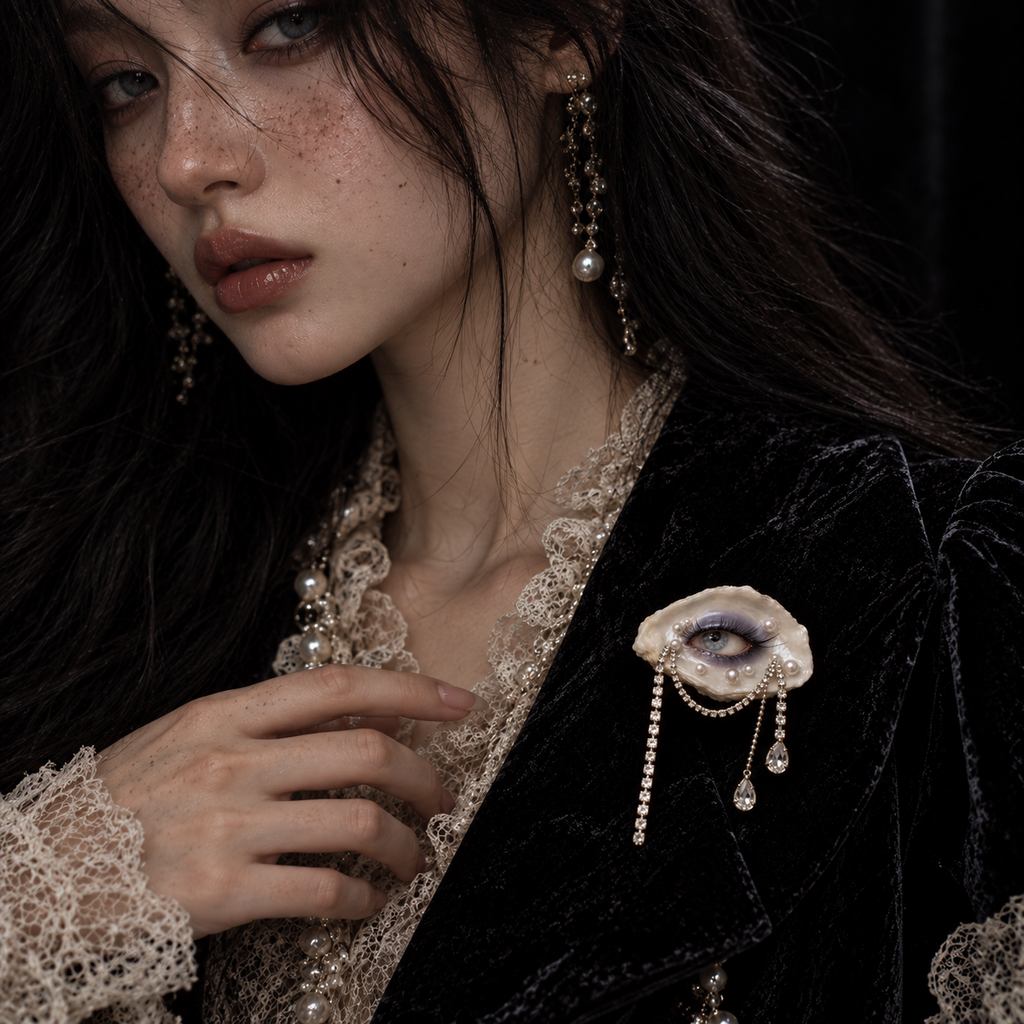 Methyst Haze oyster-eye brooch worn on a black blazer.