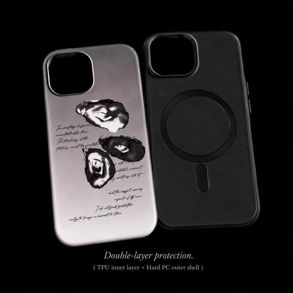 Surreal Eye phone-case components showing the printed back panel and black inner case.