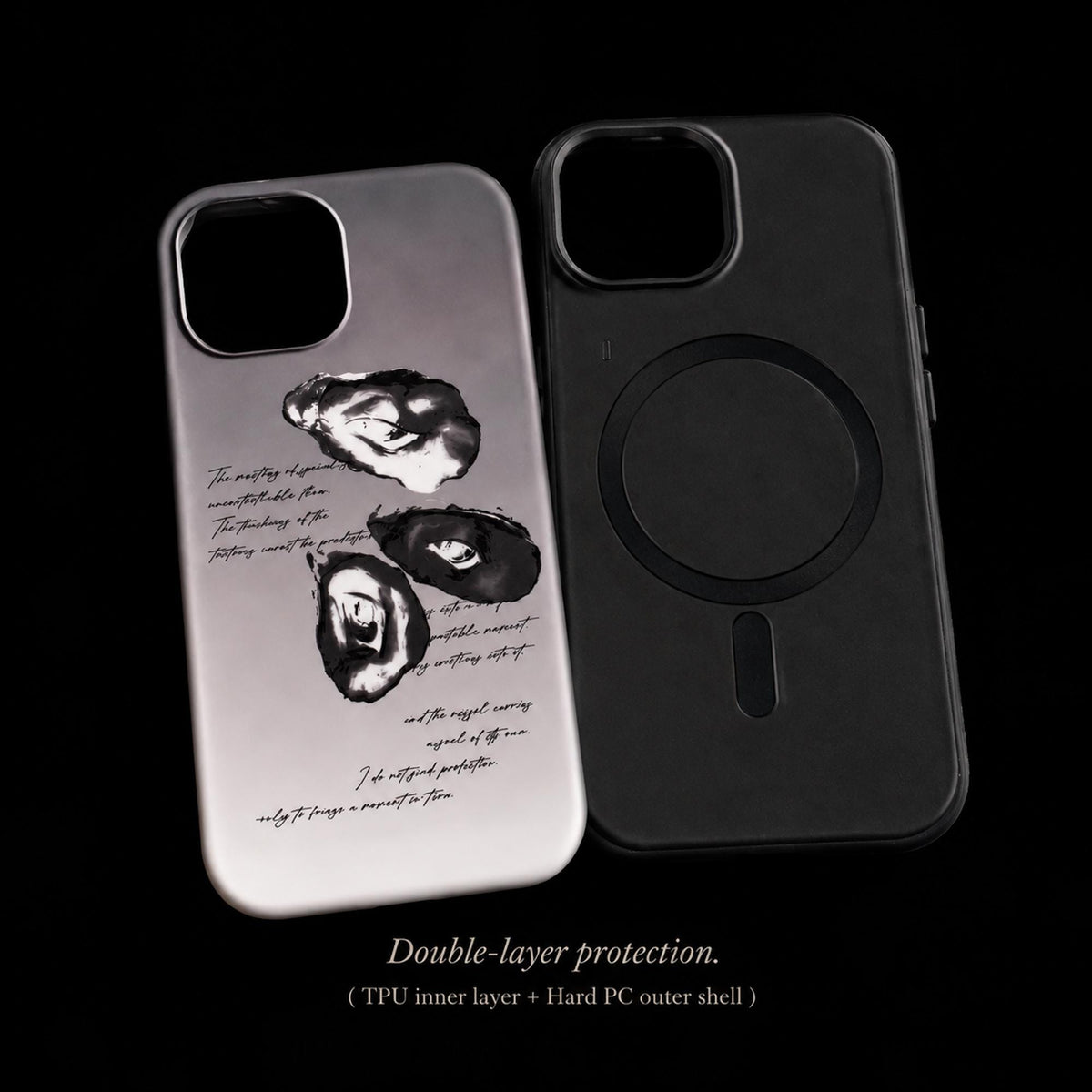 Surreal Eye phone-case components showing the printed back panel and black inner case.
