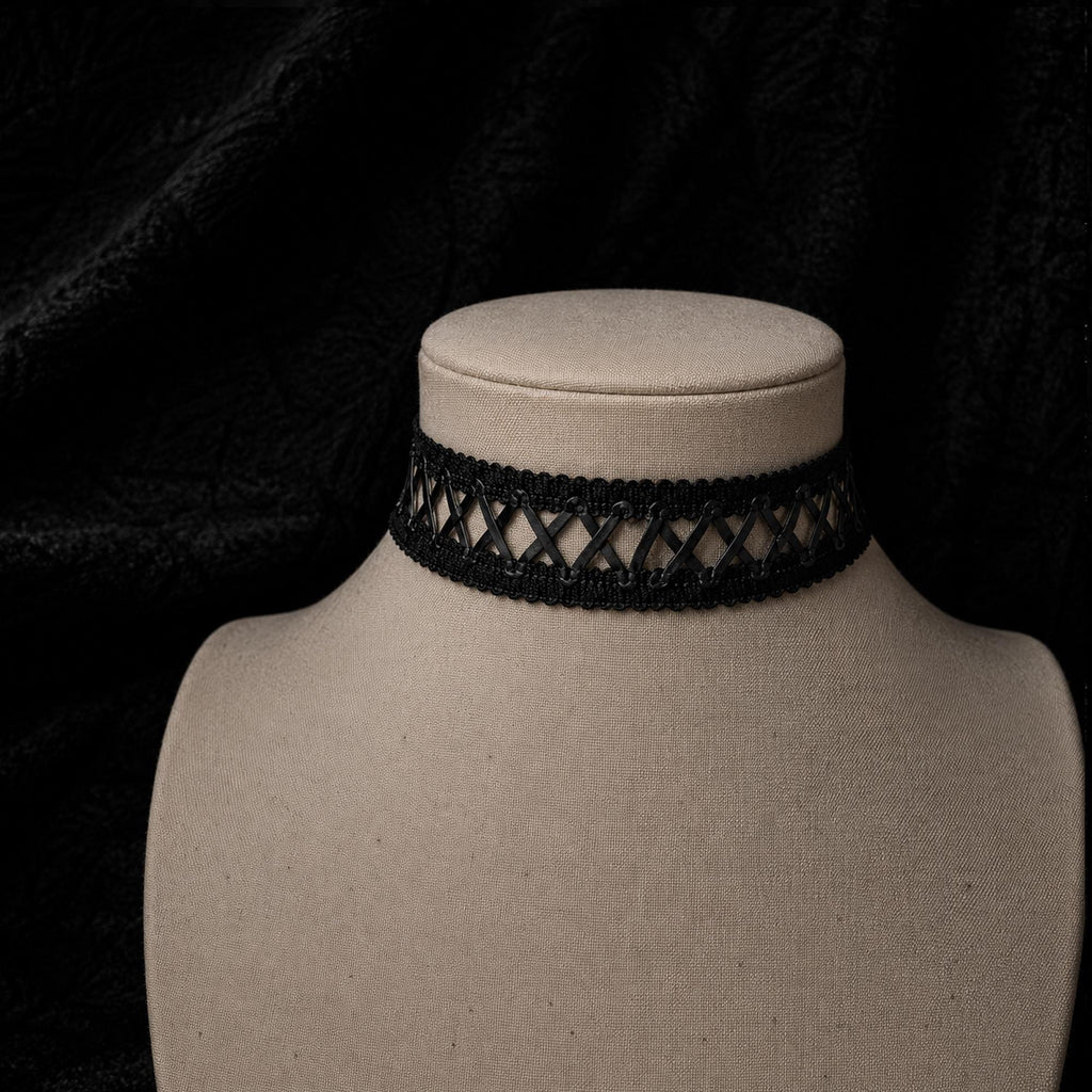 Black crisscross-lace choker displayed on a pale jewelry bust.