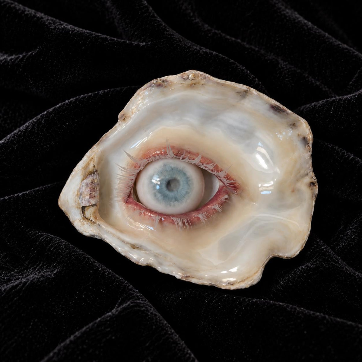 Wander Eye shell-eye artwork resting on black velvet, viewed from the front.