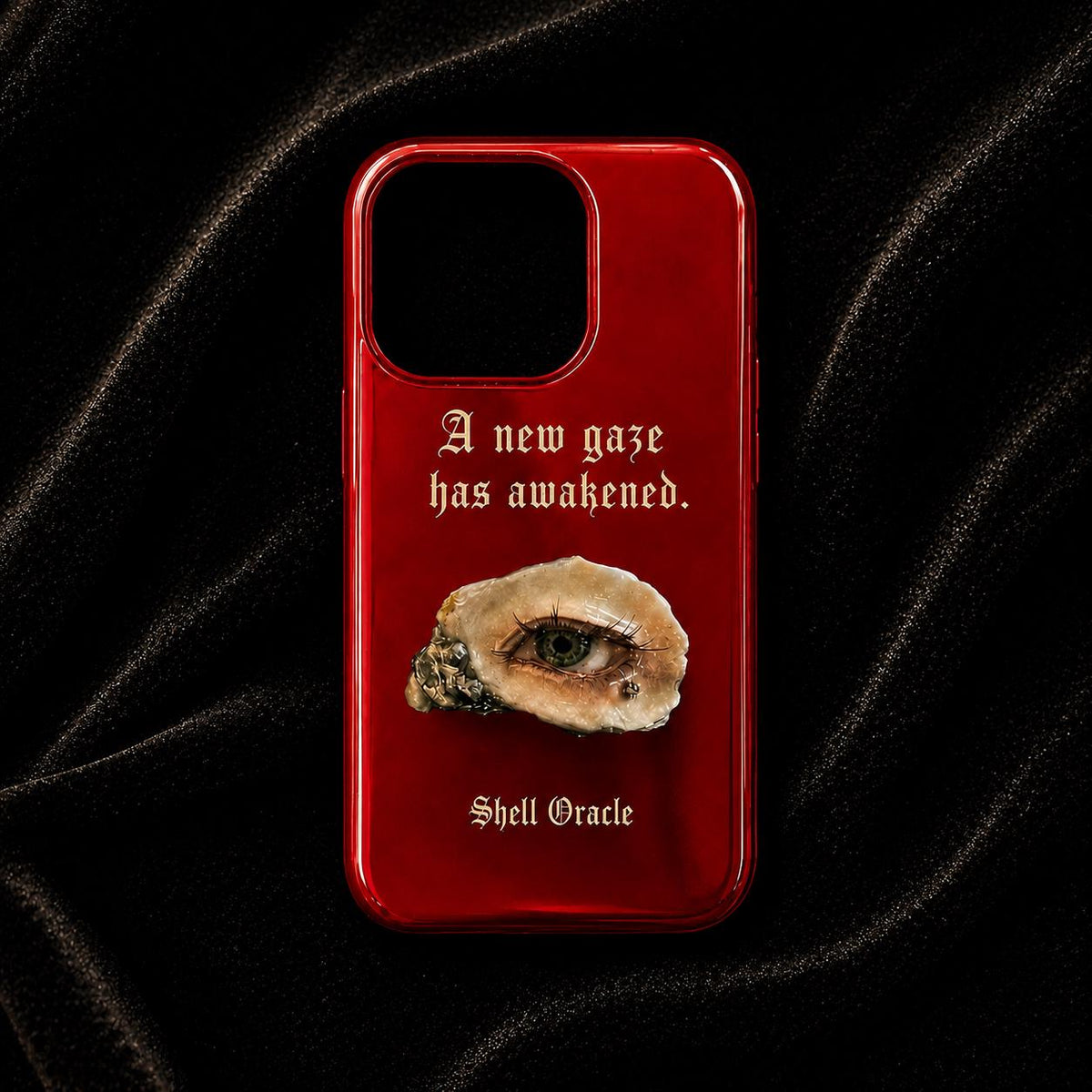 Red Shell Oracle phone case with a shell-eye print and pale Gothic lettering.