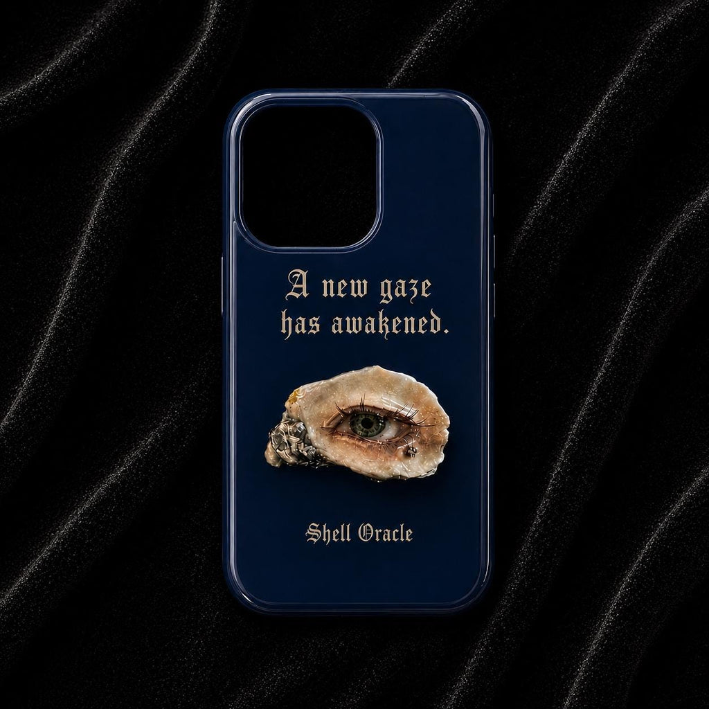 Blue Shell Oracle phone case with a shell-eye print and pale Gothic lettering.