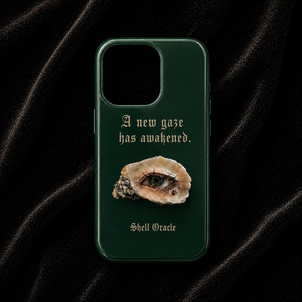 Green Shell Oracle phone case with a shell-eye print and pale Gothic lettering.