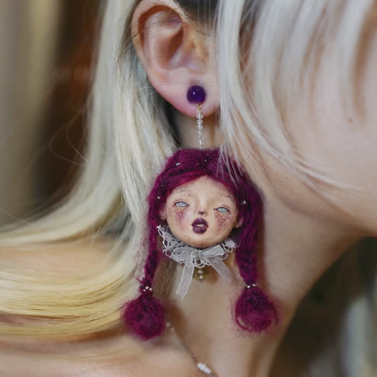 Purple Hair Doll Earrings