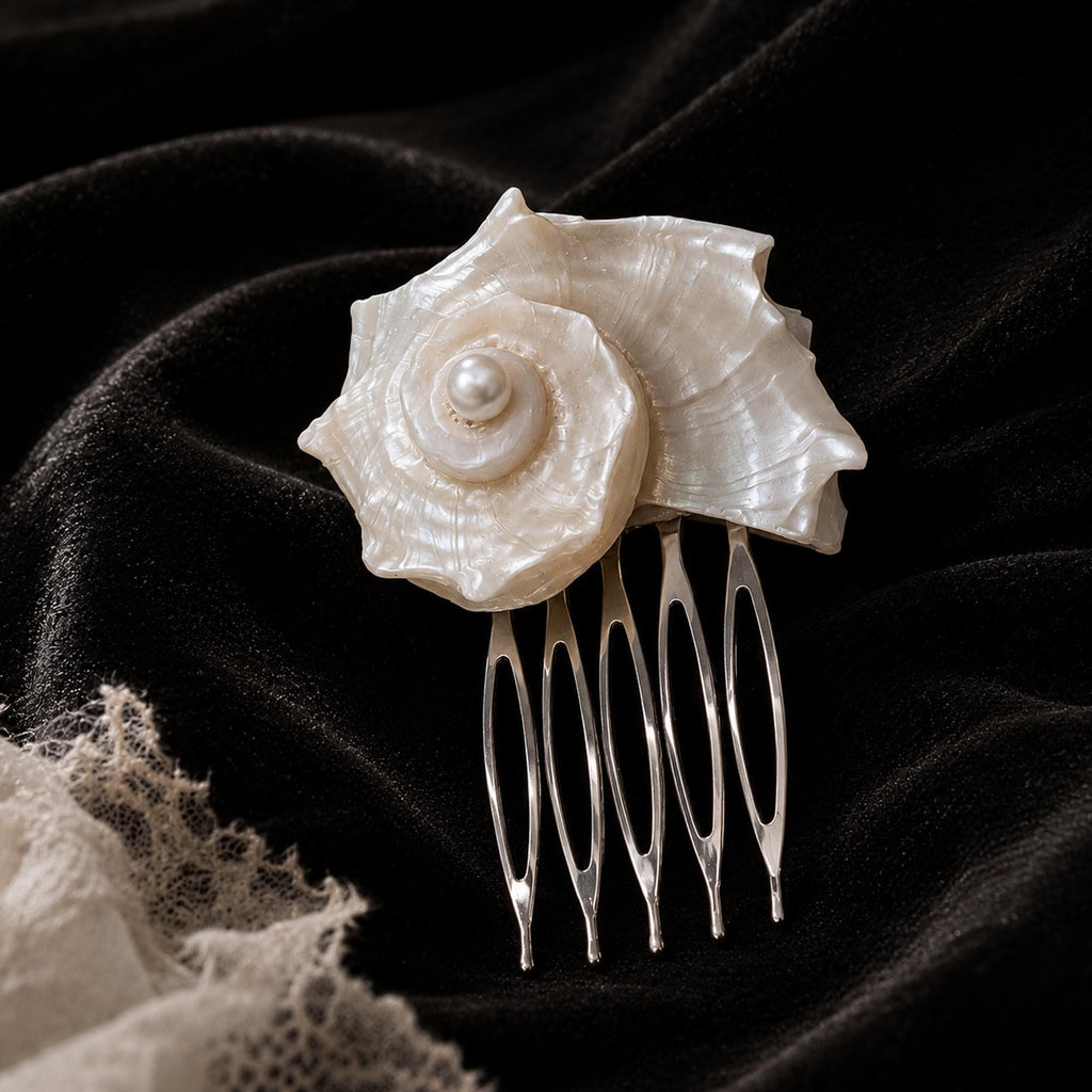 Conch-shell bridal hair comb resting on dark fabric with its metal teeth visible.