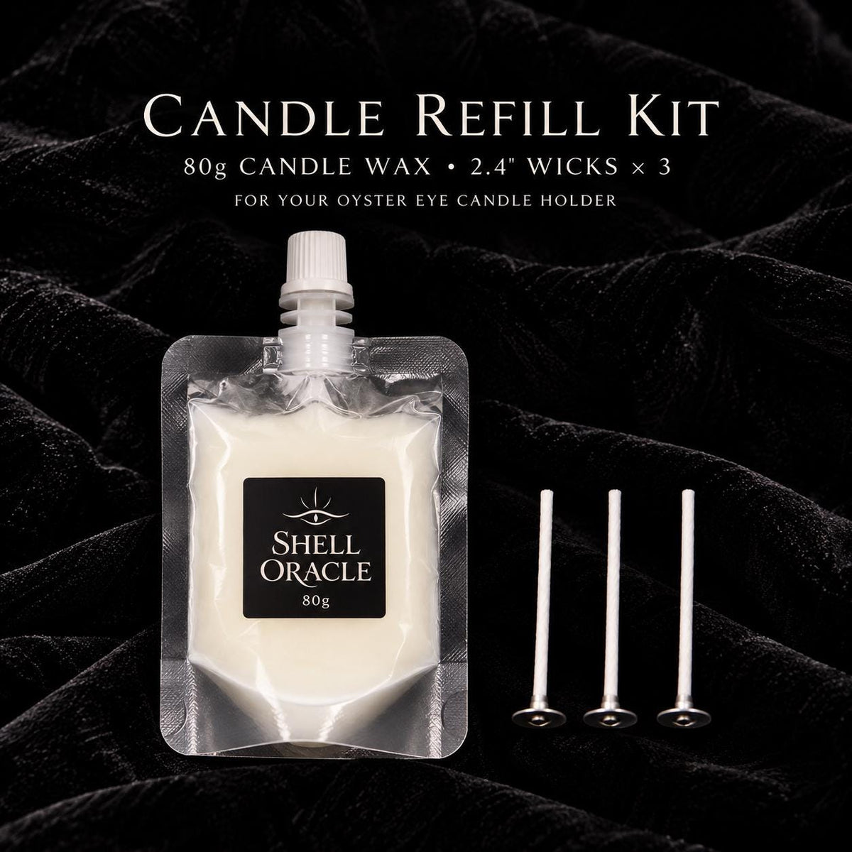 Shell Oracle candle refill kit containing a pouch of wax and three wicks.