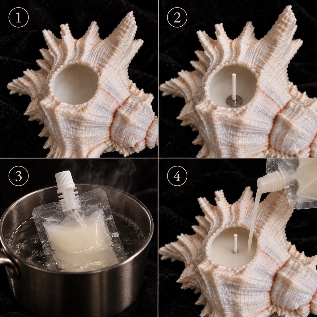 Four-step diagram showing how to insert a wick and refill a shell candle holder with wax.