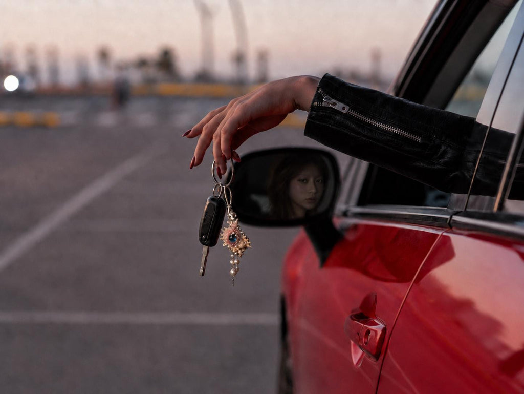 Conch Eye Talisman attached to keys, held beside an open car window.