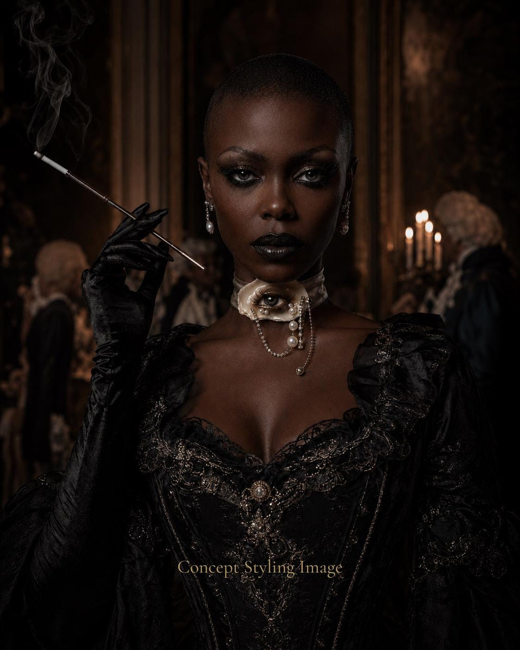 Concept styling image showing shell-eye jewelry with a dark lace outfit.