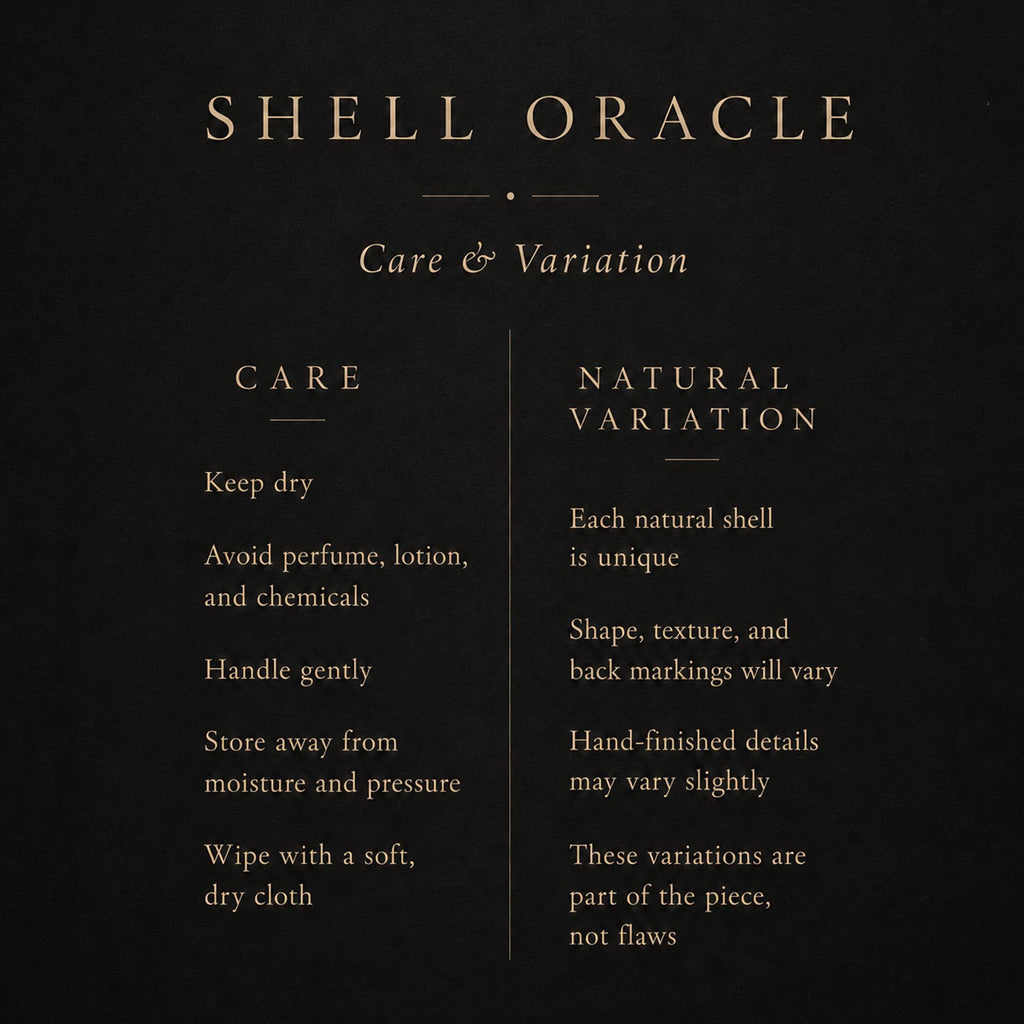 Shell Oracle care and natural-variation guide card.