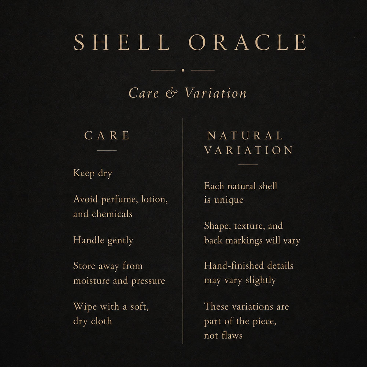 Shell Oracle care and natural-variation guide card.