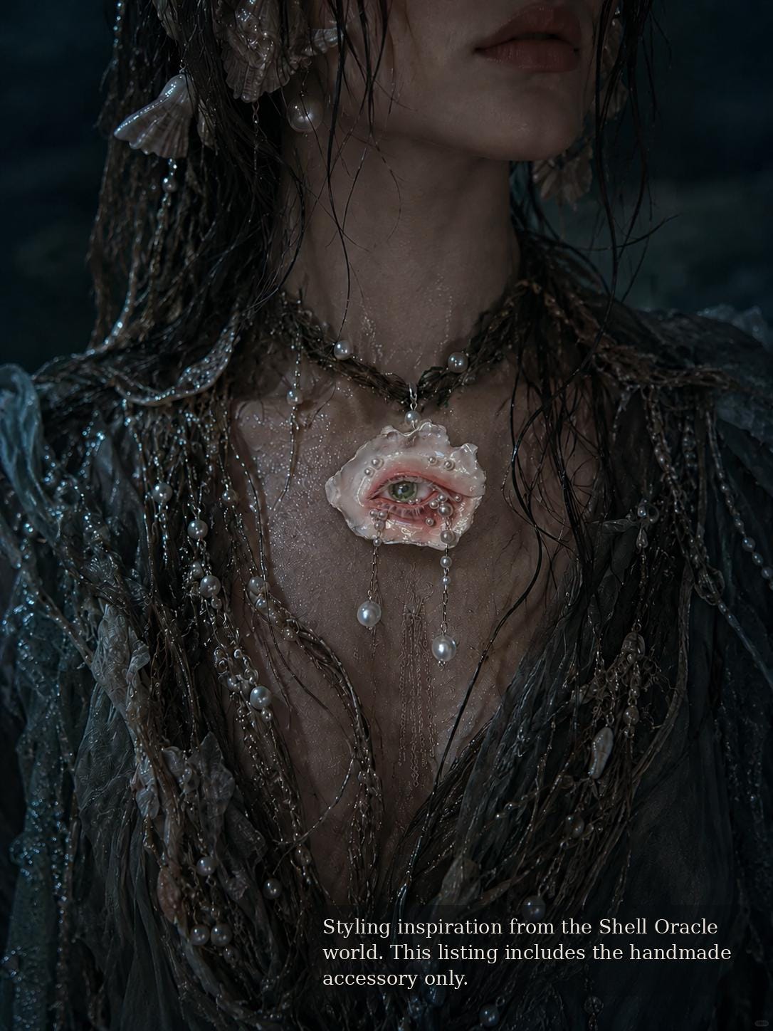 Editorial styling reference showing shell-eye jewelry with a dark green outfit; pictured piece may differ.