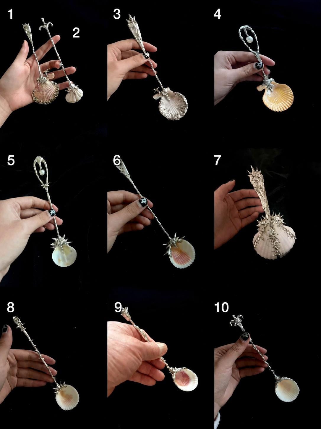Numbered comparison of ten decorative shell spoon designs held in different views.