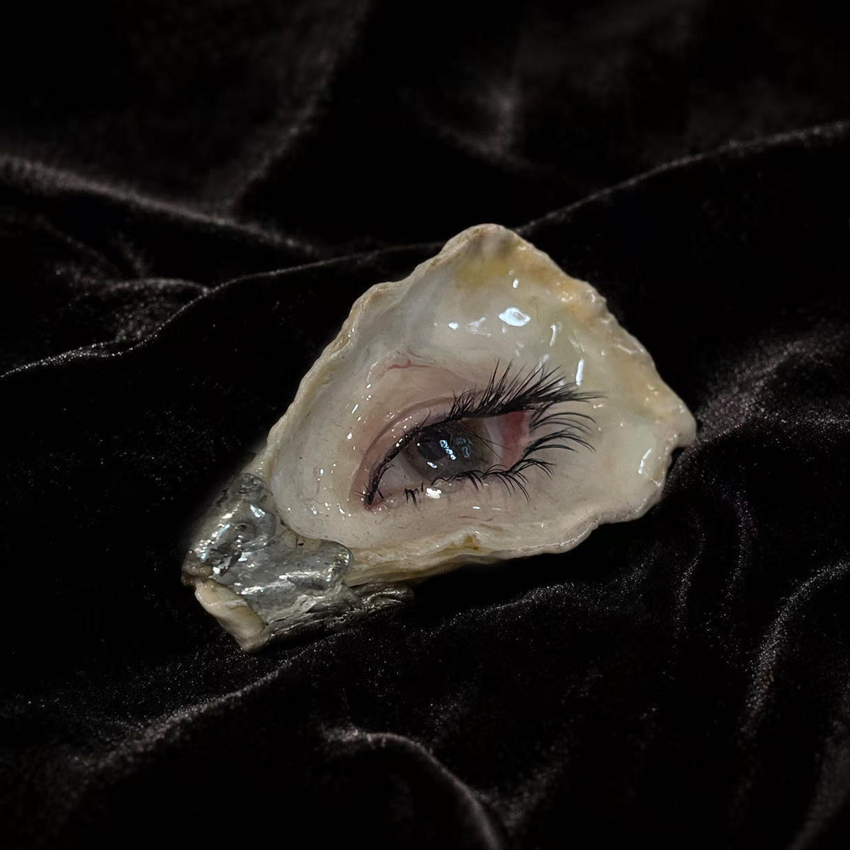 Angled close-up of Nyra Black-Lash Oyster Eye on black velvet.