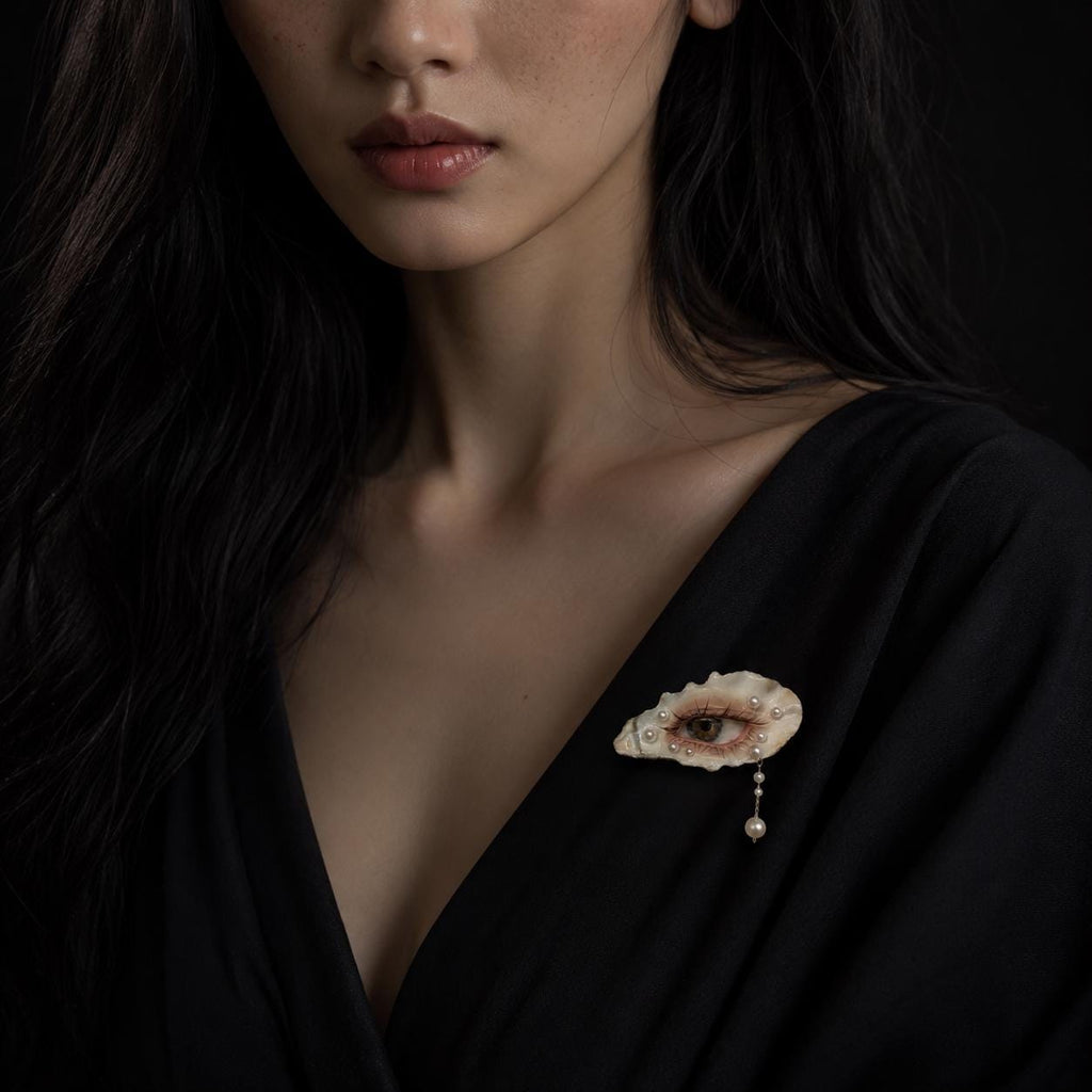 Nyra Halo Brown Eye brooch worn on a black V-neck top.