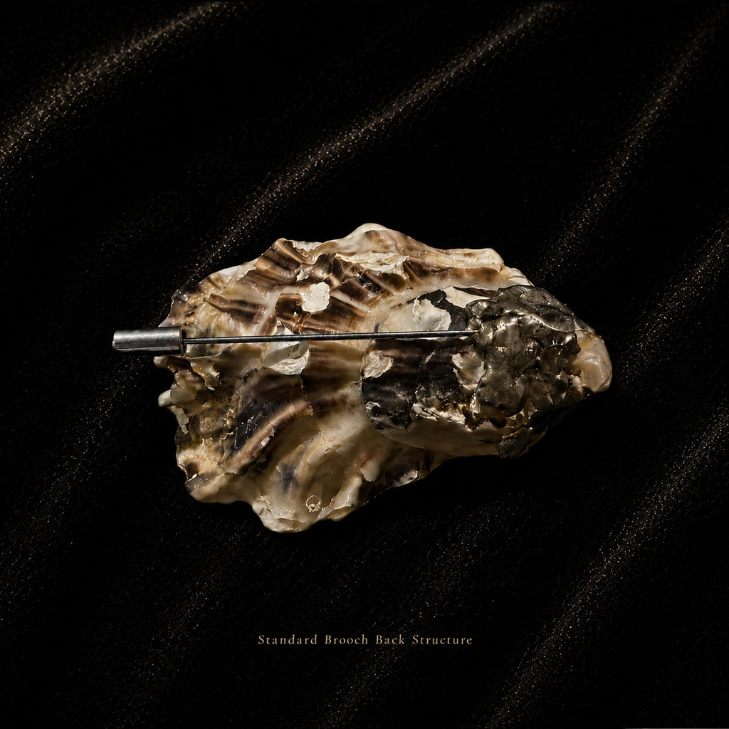 Standard brooch-pin rear-attachment reference on a natural shell; actual shell varies.