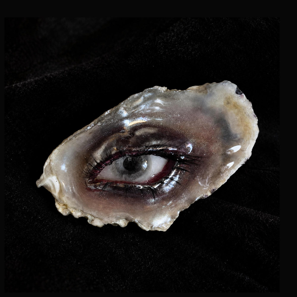 Lilith Grey Temptation oyster eye shown from the front on black velvet.